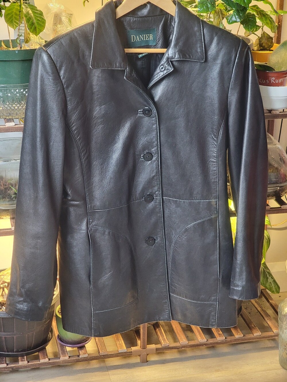 Vintage DANIER Black Genuine Leather Mid Length Trench Car Coat Jacket